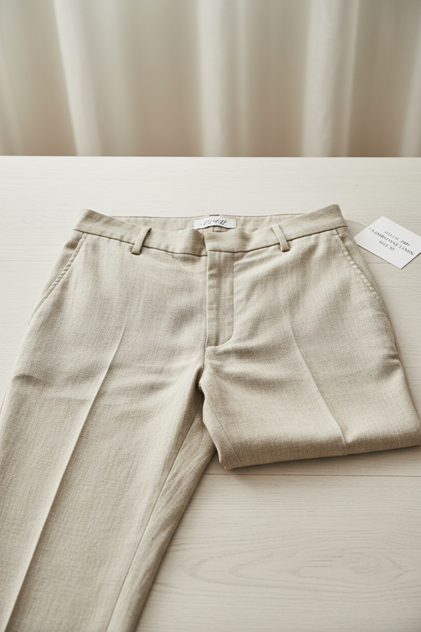 Men's formal linen pants with a slim fit and multiple pockets.