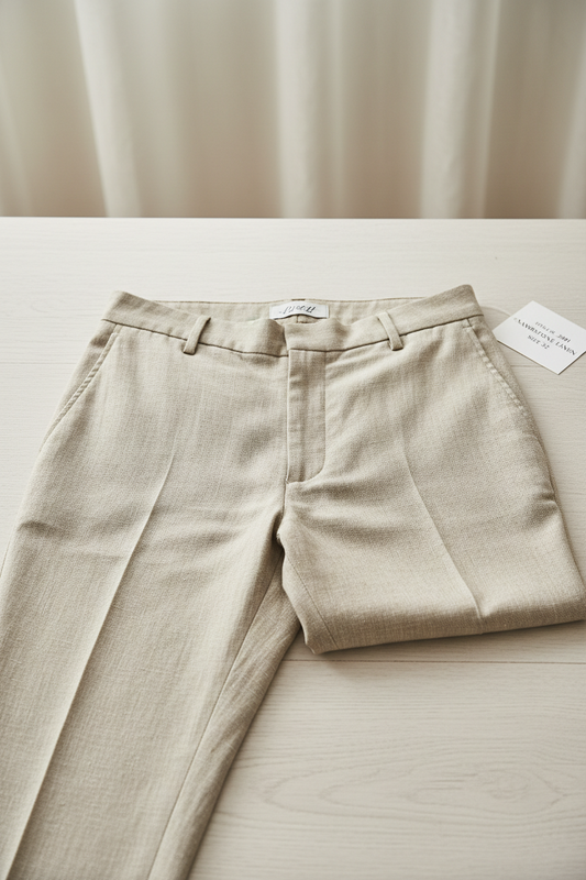 Men's formal linen pants with a slim fit and multiple pockets.