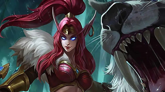 Animated character with red hair and blue eyes, standing next to a large white wolf with a teal background.